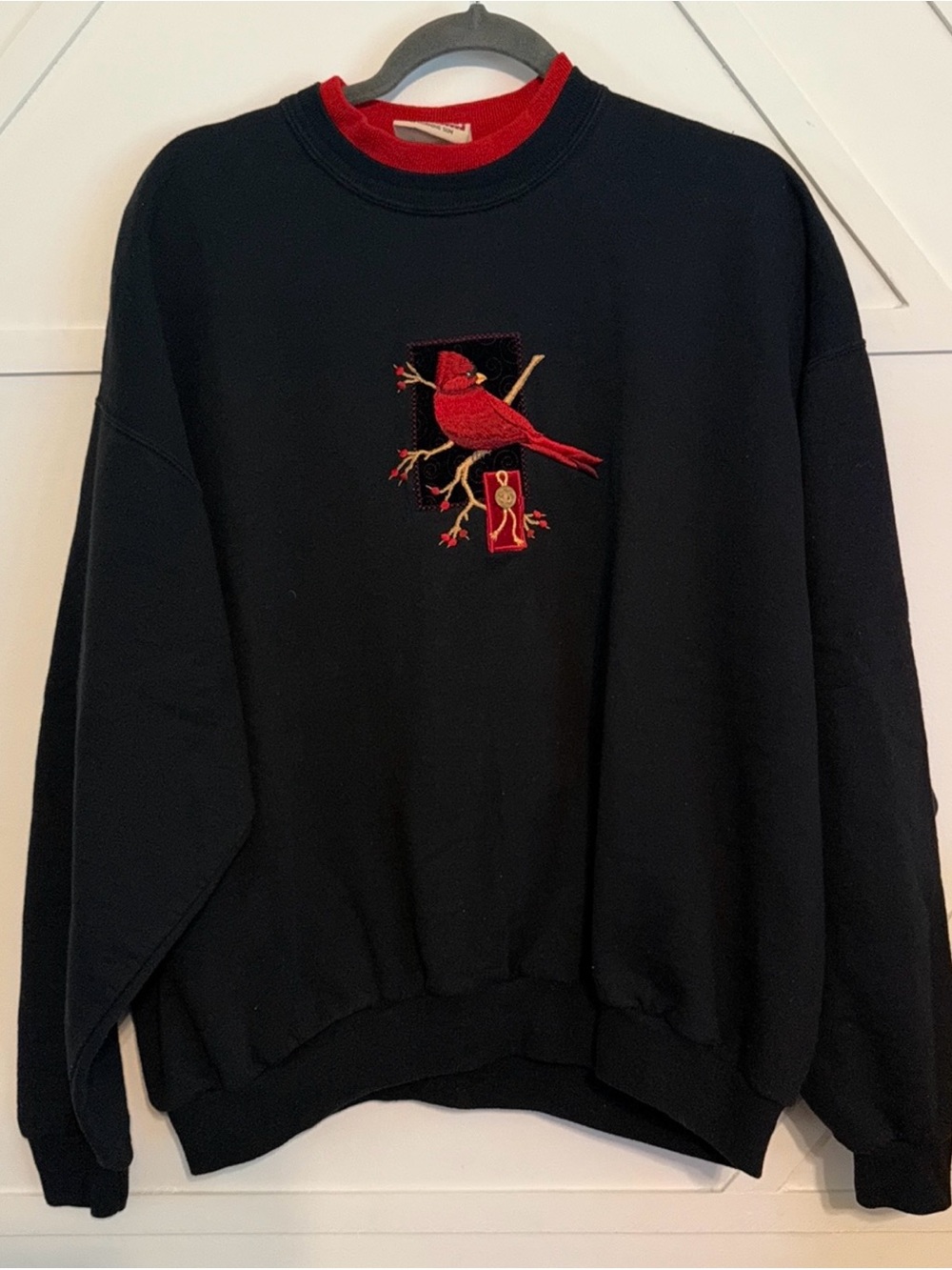 Women’s Black Crewneck Sweater with Red Cardinal Embroidery